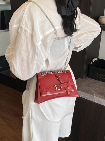 Women Fashion Small Square Bag PU Patent Leather Shoulder Bag With Silver Chain Strap Belt Buckle Trendy Crossbody Bag