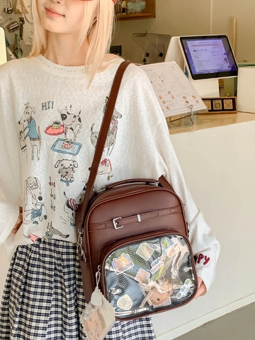 Sac à Dos Ita Bag pour Femme Style Preppy avec Fenêtre Transparente en Cuir PU Sac à Bandoulière avec Pendentif
