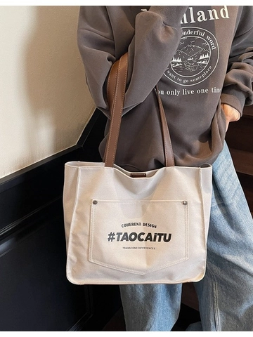 Sac Fourre-tout en Toile pour Femmes Grande Capacité Sac à Bandoulière Impression de Lettres Sac à Main pour Travail École Casual