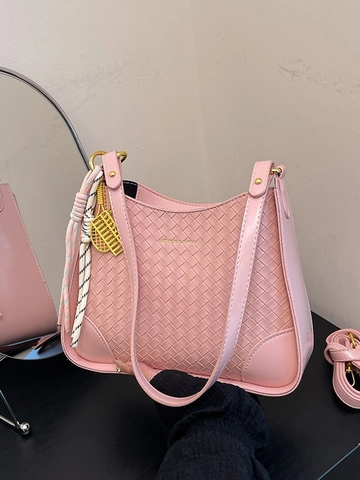 Women Woven PU Leather Bucket Bag Diamond Lattice Crossbody Shoulder Bag With Fashion Metal Charm Daily Commuting Purse