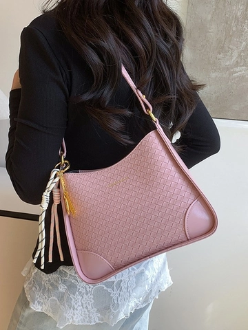 Women Woven PU Leather Bucket Bag Diamond Lattice Crossbody Shoulder Bag With Fashion Metal Charm Daily Commuting Purse
