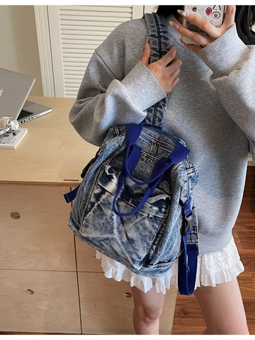 Sac à Dos en Denim Grande Capacité pour Femmes Vintage Délavé Coton Cartable École Décontracté Voyage Sac à Bandoulière Multi-Poches
