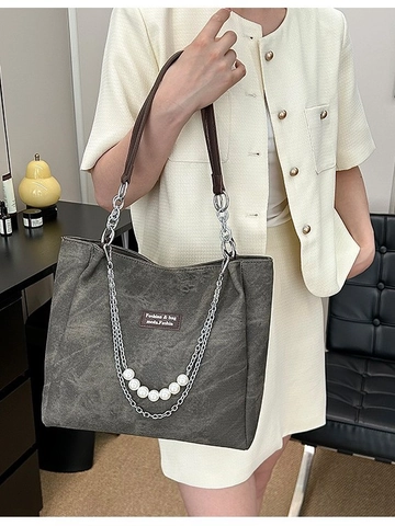 Borsa Tote in Denim Lavato Vintage da Donna Borsa a Tracolla a Grande Capacità Con Catena in Metallo e Perle Artificiali