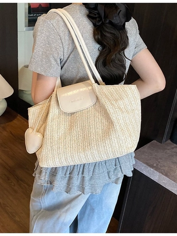 Sac Cabas Tissé en Paille pour Femmes Grande Capacité Avec Pendentif Cœur Sac à Épaule Plage Vacances Été Fermeture Magnétique