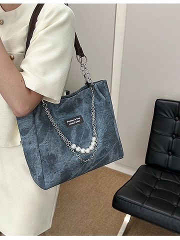Borsa Tote in Denim Lavato Vintage da Donna Borsa a Tracolla a Grande Capacità Con Catena in Metallo e Perle Artificiali
