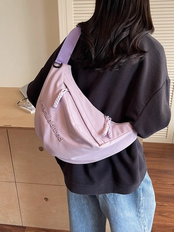 Sac Bandoulière de Grande Capacité en Nylon Forme de Dumpling pour Femmes Tendance Coréenne Décontracté avec Broderie de Lettres Sac à Épaule Demi-Lune Sac Étudiant Voyage