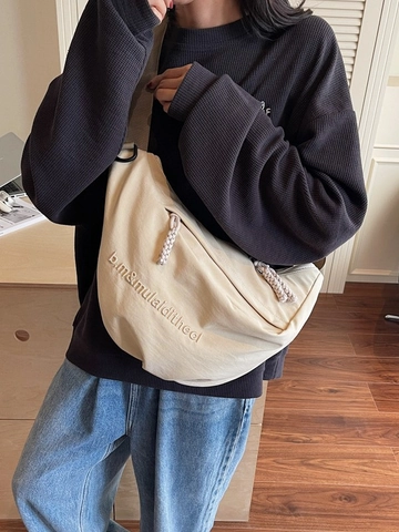 Sac Bandoulière de Grande Capacité en Nylon Forme de Dumpling pour Femmes Tendance Coréenne Décontracté avec Broderie de Lettres Sac à Épaule Demi-Lune Sac Étudiant Voyage