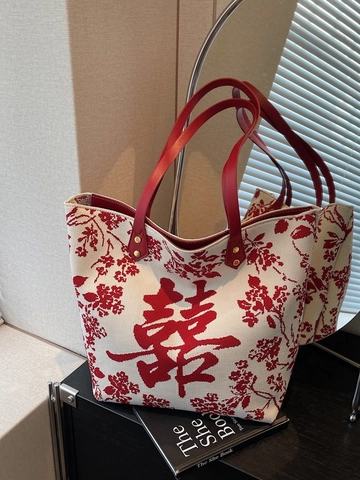 Borsa Tote in Tela in Nuovo Stile Cinese Con Ricamo Doppia Felicità Floreale Grande Borsa a Spalla Donna Matrimonio