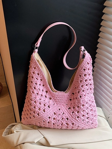 Sac à Épaule Tissé pour Femmes Bandoulière en Cuir PU Crochet Ajouré Sac Fourre-Tout Style Bohème Sac Seau Décontracté