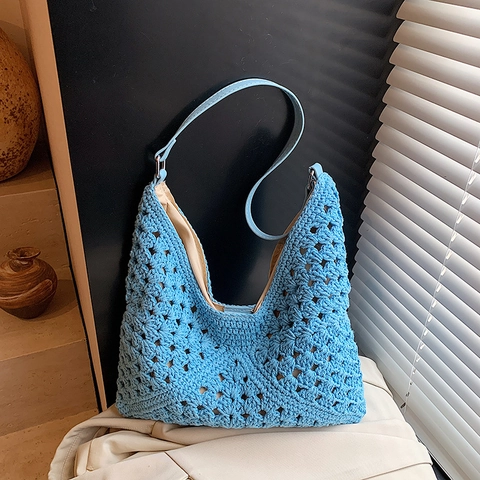 Handgemaakte Gehaakte Geweven Stro Schoudertas Grote Capaciteit Zomer Strand Vakantie Tote Bag Voor Vrouwen Casual Handtas