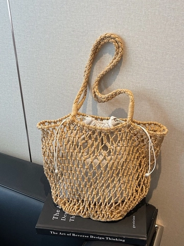 Handmade Hollow Out Rough Thread Woven Tote Bag Large Capacity Crochet Shoulder Bag Summer Vacation Beach Bag For Women