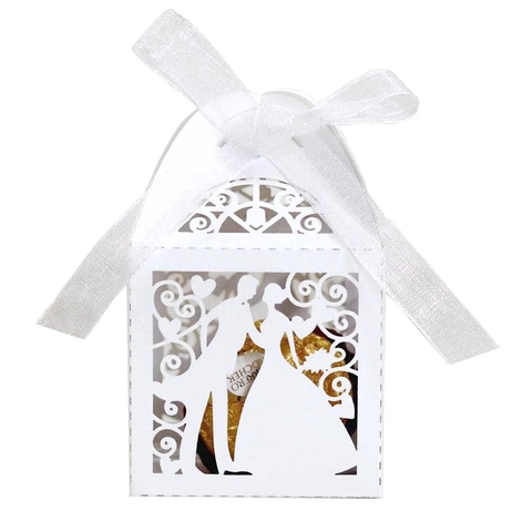 Scatole di Caramelle per Matrimonio Taglio Laser Silhouette Sposi Traforata Carta Perlata Scatola Regalo Con Nastri Decorazioni Festa