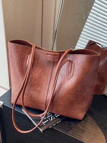 Bolso Tote de Cuero PU de Gran Capacidad Vintage para Mujer Bolso de Hombro Minimalista de Color Sólido para Uso Diario Bolso de Alta Calidad