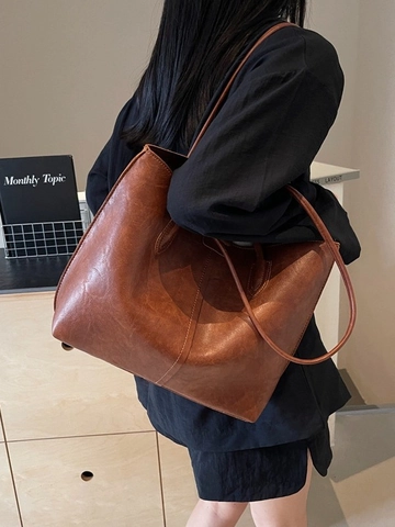 Bolso Tote de Cuero PU de Gran Capacidad Vintage para Mujer Bolso de Hombro Minimalista de Color Sólido para Uso Diario Bolso de Alta Calidad
