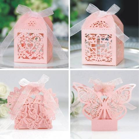 Laser Cut Butterfly Candy Box Pink Pearl Paper Hollow Favor Box Wedding Party Gift Box Rose Heart Pattern With Ribbon
