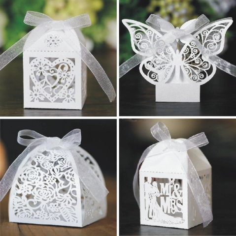White Laser Cut Candy Box Pearlescent Paper Hollow Butterfly Mr Mrs Wedding Party Favor Gift Box Ribbon Packaging