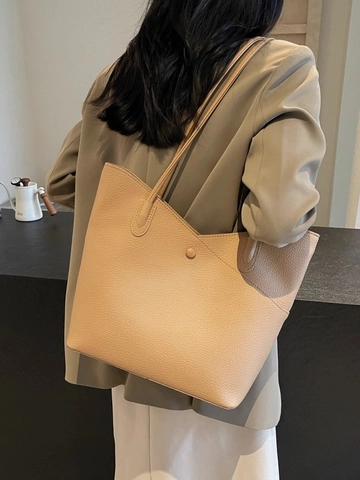 Sac Fourre-tout pour Femmes Grande Capacité en Cuir PU Grain de Litchi Sac à Épaule Polyvalent de Navetteur Sac à Main