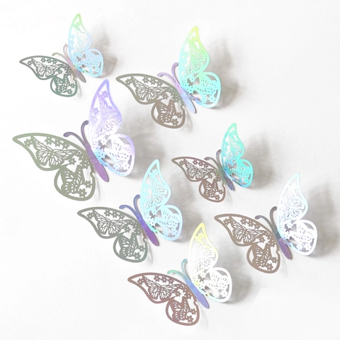 3D Irisierende Silber Schmetterling Wandaufkleber Laser Geschnitten Hohl Papier Schmetterling Decals Für Haus Party Hochzeit Deko