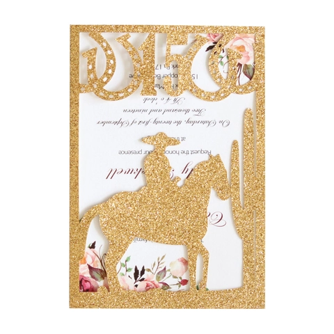 Glitter Goud Laser Gesneden Quinceañera Uitnodigingskaart Met Western Cowboy Hoefijzer Ontwerp Voor Vijftien Jaar Verjaardagsfeest Viering
