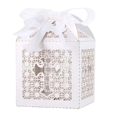 Laser Cut Cross Hollow Favor Box Elegant Pearlescent Paper Candy Box With Ribbon For Wedding Baptism Religious Party Gift Packaging