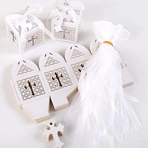 Lasergeschnittene Kreuz Hohl Geschenkbox Elegante Perlmuttpapier Süßigkeiten Box Mit Band Für Hochzeit Taufe Religiöse Party Geschenk