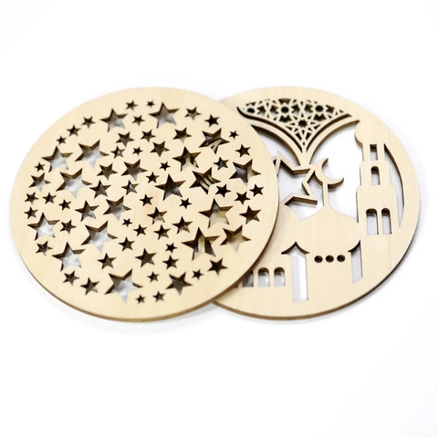 Wooden Coaster Hollow Laser Cut Heat Insulation Pad Natural Wood Ramadan Eid Mubarak Decor Stars Moon Mosque Table Mat