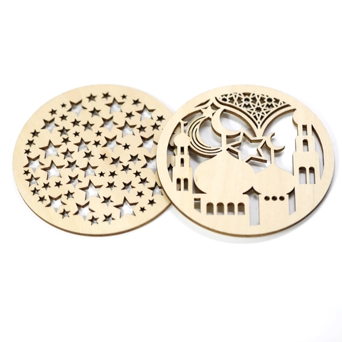 Wooden Coaster Hollow Laser Cut Heat Insulation Pad Natural Wood Ramadan Eid Mubarak Decor Stars Moon Mosque Table Mat