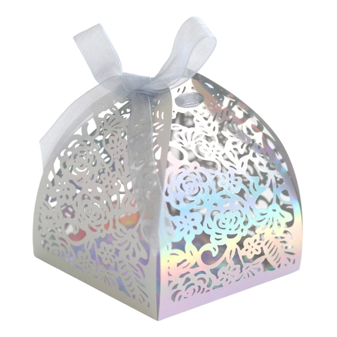 Caja de Caramelos de Boda Flor de Rosa Hueca de Corte Láser Caja de Regalo de Cartón Metálico Espejo con Lazo de Cinta Decoración de Fiesta