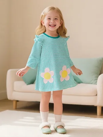 Toddler Girls Long Sleeve Cotton Striped Dress With Flower Applique Princess Party Dress For Kids Children Clothing