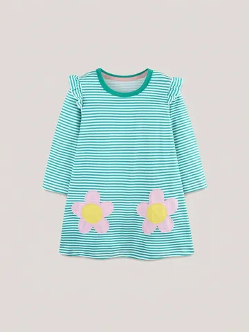 Toddler Girls Long Sleeve Cotton Striped Dress With Flower Applique Princess Party Dress For Kids Children Clothing