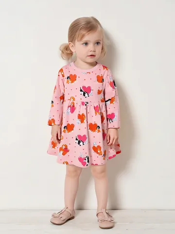 Abito da Principessa per Bambina con Stampa Cartoni Animali e Cuori Manica Lunga Cotone Autunno Casual Vestiti per Bambini