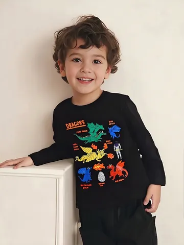 Maglietta a Maniche Lunghe in Cotone per Ragazzi Stampa Dinosauro Moda Stile Europeo Autunno Top Casual Nero