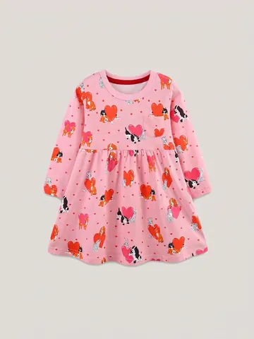 Abito da Principessa per Bambina con Stampa Cartoni Animali e Cuori Manica Lunga Cotone Autunno Casual Vestiti per Bambini