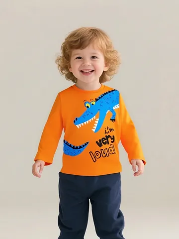 Jungen Mode Langarm T-Shirt 100% Baumwolle Cartoon Krokodil Druck Orange Pullover Lässig Base Shirt Herbst Kleidung