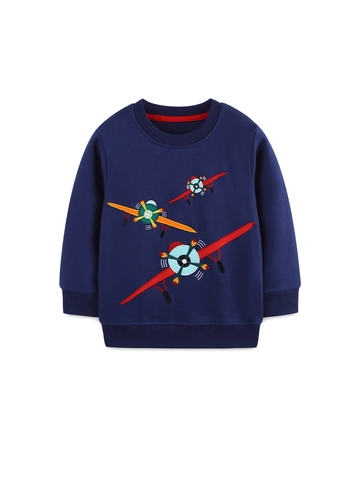 Felpa a Maniche Lunghe in Cotone per Ragazzi Blu Navy Cartoon Aereo Ricamato Girocollo Pullover Casual Top per Bambini 2-7A