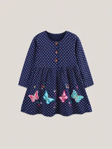 Vestito da Ragazza a Maniche Lunghe in 100% Cotone Ricamo Farfalla Pois Moda Autunno Abbigliamento Casual Festa