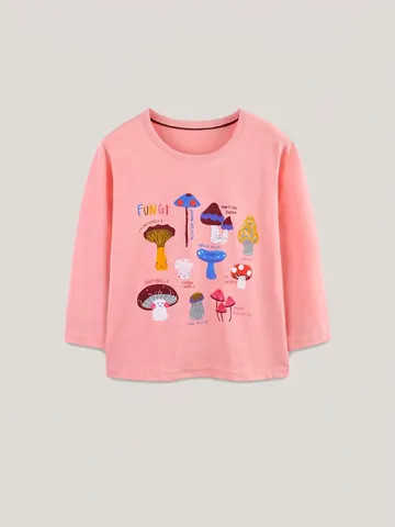 Meisjes Katoen T-shirt met Lange Mouwen Paddestoel Bedrukt Crewneck Pullover Herfst Casual Top Roze Kleding Voor Kinderen