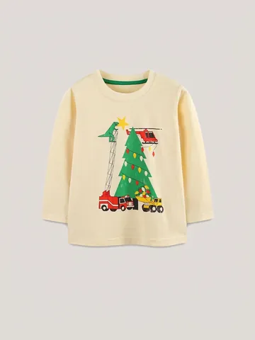 Maglietta a Maniche Lunghe in Cotone per Ragazzi Simpatico Cartone Animato Dinosauro Albero di Natale Girocollo Autunno Bambini