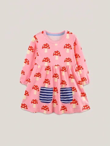 Vestido de Manga Larga para Niñas Rosa Estampado de Hongos Lindo Bolsillo a Rayas Princesa Línea A Algodón Otoño