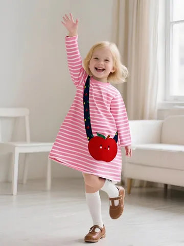 Abito a Righe a Maniche Lunghe da Ragazza Abito da Principessa in 100% Cotone Con Applique a Mela Girocollo Vestiti Autunnali