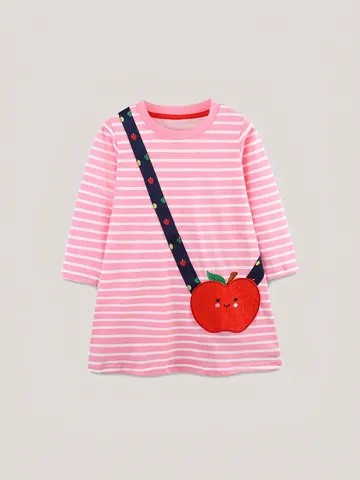 Abito a Righe a Maniche Lunghe da Ragazza Abito da Principessa in 100% Cotone Con Applique a Mela Girocollo Vestiti Autunnali