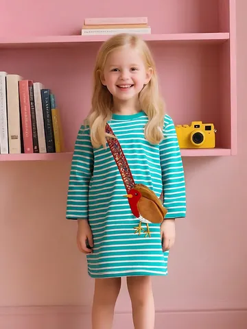 Abito a Righe a Maniche Lunghe da Ragazza in Maglia di Cotone Casual Con Applicazione 3D Pettirosso e Cinturino Ricamato