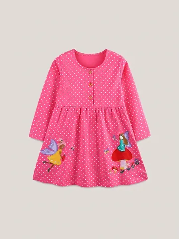 Mädchen Langarm Baumwollkleid Rosa Polka Dot Prinzessinnenkleid Mit Fee Stickerei Für Kinder Kleinkinder Herbstkleid