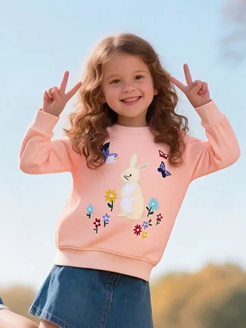 Sweat-shirt en Coton à Manches Longues Pour Filles Brodé Lapin Pull Col Rond Automne Haut de Sport Décontracté Enfants