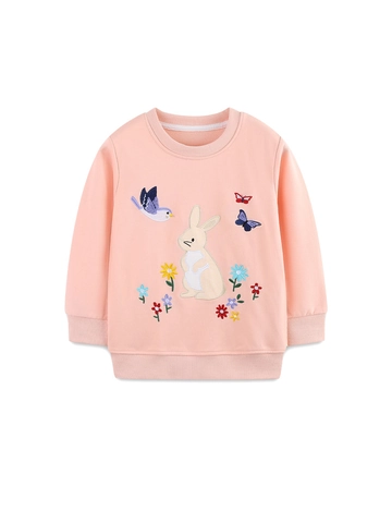 Sweat-shirt en Coton à Manches Longues Pour Filles Brodé Lapin Pull Col Rond Automne Haut de Sport Décontracté Enfants