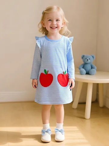 Girls Long Sleeve Striped Dress Cotton Knitted Princess Dress With Apple Patch Ruffle Shoulder For Toddler Kids Fall Dress