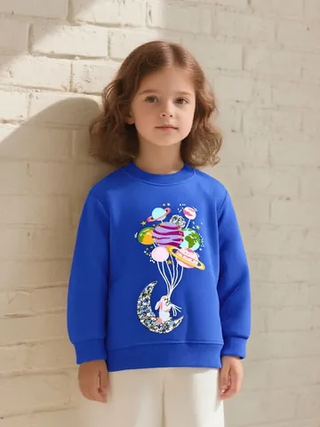 Mädchen Casual Baumwolle Sweatshirt Cartoon Weltraum Hase Bestickt Rundhals Langarm Pullover Herbst Kinder Sporthemd