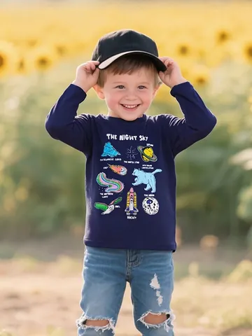 Maglietta da Ragazzo in Cotone a Maniche Lunghe Moda Spazio Astronomia Stampata Cartone Animato Girocollo Pullover Bambini