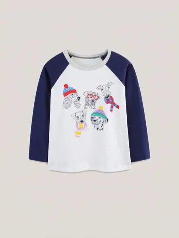 Παιδικό Μακρυμάνικο T-Shirt από 100% Βαμβάκι Casual Raglan Χρωματική Αντίθεση Καρτούν Σκύλος Στρογγυλή Λαιμόκοψη Φθινοπωρινό Top