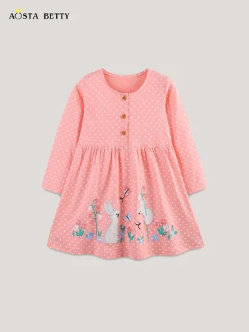 Vestito a Maniche Lunghe in Cotone per Bambina con Motivo a Pois e Ricamo a Coniglio Abito da Principessa per Autunno Festa